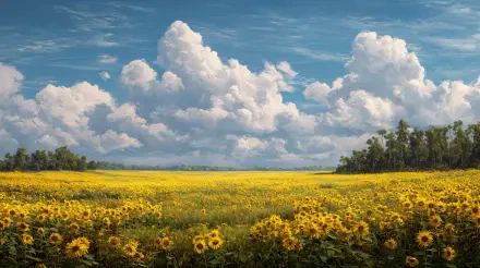 A vibrant 4K Ultra HD desktop wallpaper showcasing a vast sunflower field under a bright blue sky filled with fluffy white clouds.