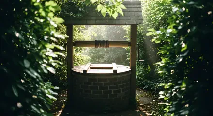 4K Ultra HD PC desktop wallpaper of a peaceful stone well surrounded by lush green foliage and soft sunlight filtering through the trees.