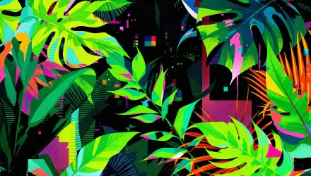 Vibrant tropical leaves in neon colors form a striking 4K Ultra HD PC desktop wallpaper with a dynamic, glitch-inspired background pattern.