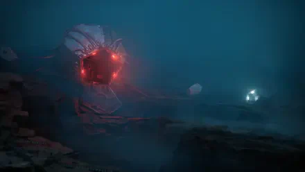 Dark underwater scene from the video game Cronos: The New Dawn, featuring mysterious glowing mechanical creatures in 4K Ultra HD PC desktop wallpaper quality.