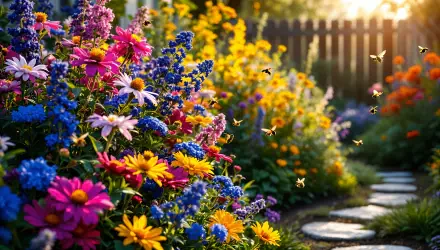 Vibrant garden blooming with colorful flowers and bees in golden sunlight, celebrating Pollinator Week in stunning 4K Ultra HD desktop wallpaper.