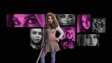 M3GAN 2.0 doll stands with a sword against a black backdrop, flanked by a collage of pink-purple close-ups and eerie faces — 4K Ultra HD PC desktop wallpaper/background.