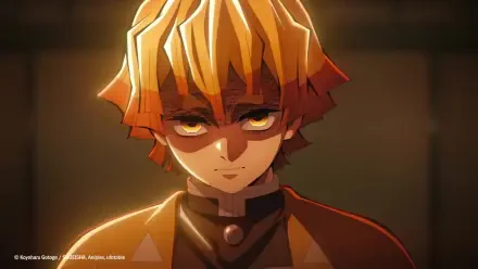 HD anime desktop wallpaper featuring Zenitsu Agatsuma from Demon Slayer: Kimetsu no Yaiba with intense lighting and a focused expression.