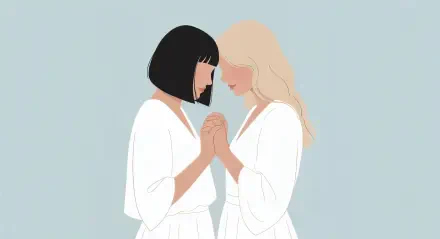 Minimalist 4K Ultra HD PC wallpaper depicting sisterhood with two women in white robes gently holding hands and touching foreheads against a soft gray background.