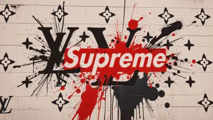 4K Ultra HD PC desktop wallpaper featuring a man-made graffiti-style design blending Louis Vuitton and Supreme brand logos with bold black and red paint splatters.