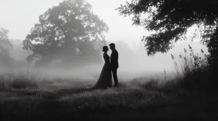 Silhouetted engaged couple standing close in a misty field, framed by trees, captured in stunning 4K Ultra HD as a romantic PC desktop wallpaper background.
