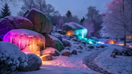 A tranquil rock garden covered in snow and ice, illuminated by vibrant colored lights, captured in stunning 4K Ultra HD for PC desktop wallpaper and background.