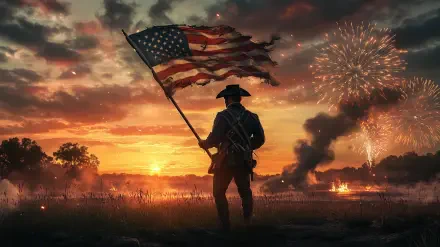 HD desktop wallpaper depicting a soldier holding the American flag at sunset with fireworks in the sky, symbolizing 4th of July Independence Day and war themes.
