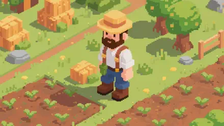 Pixel art of a farmer tending to crops in a vibrant, detailed 4K Ultra HD PC desktop wallpaper and background.