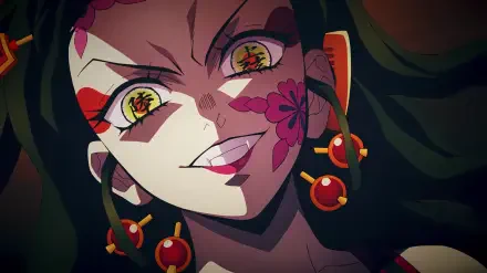 Close-up 4K Ultra HD anime wallpaper featuring Daki from Demon Slayer: Kimetsu no Yaiba, showcasing her intense eyes and detailed floral markings.