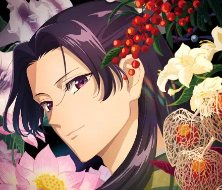5K Ultra HD anime desktop wallpaper: Jinshi from The Apothecary Diaries, close-up portrait surrounded by lush flowers, berries, and delicate botanical accents.