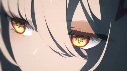 Close-up 4K Ultra HD wallpaper of the fiery golden eyes of Ronova from the video game Genshin Impact, highlighting detailed character design for PC desktop background.