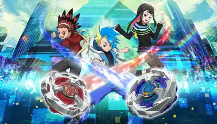 Anime-style Beyblade X HD desktop wallpaper featuring three dynamic characters launching their spinning tops in front of a vibrant, futuristic cityscape.