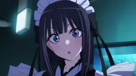 HD anime desktop wallpaper featuring Marin Kitagawa from My Dress-Up Darling in a detailed maid outfit with expressive eyes and dark hair under soft lighting.