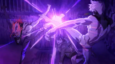 HD anime wallpaper from Dandadan featuring dynamic action between characters Ken Takakura, Momo Ayase, and Jin Enjouji with vibrant purple energy effects.