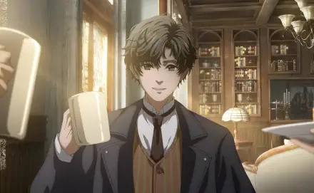 Anime-style HD desktop wallpaper from Lord of Mysteries featuring a young man with dark hair smiling while holding a mug in a warmly lit library.