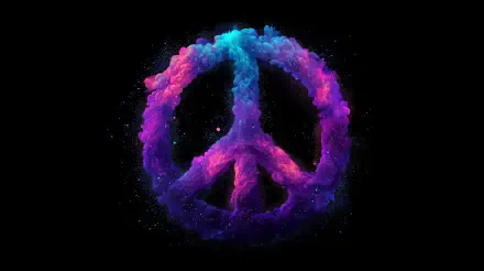 Vibrant peace symbol formed by swirling purple and blue smoke on a black background, designed as a 4K Ultra HD PC desktop wallpaper and background.