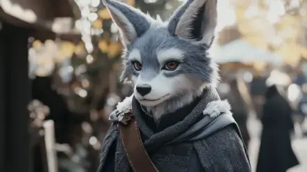 HD PC desktop wallpaper featuring an anthropomorphic furry character in a detailed costume and cosplay, set against a softly blurred outdoor background.