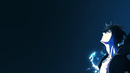 Sung Jin-Woo from Solo Leveling, depicted in vibrant 4K Ultra HD, looking upward with glowing blue energy swirling around him on a dark background.