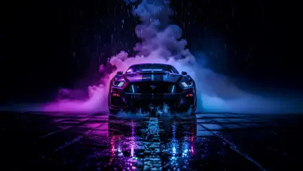 Ford Mustang car captured in striking 4K Ultra HD, set against a smoky, rain-soaked background for a dramatic PC desktop wallpaper.