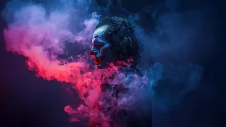 4K Ultra HD PC desktop wallpaper featuring Joaquin Phoenix as Joker, enveloped in dramatic blue and red smoke with a dark, moody background.