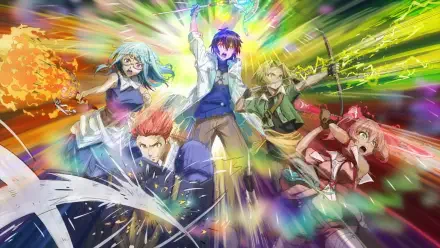 HD anime wallpaper from Scooped Up by an S-Rank Adventurer! featuring five vibrant characters in dynamic, colorful action poses with magical energy effects.
