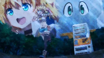 HD anime PC desktop wallpaper featuring a vibrant scene with a cheerful anime character and a large animated face in the background, blending fantasy and urban elements.