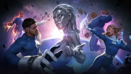 4K Ultra HD Fantastic Four (2025) wallpaper featuring the team in dynamic poses with an ethereal cosmic background on a PC desktop.