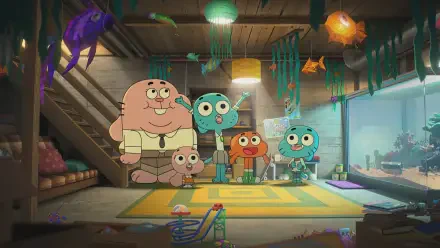HD PC desktop wallpaper featuring characters from the TV show The Wonderfully Weird World of Gumball gathered in a cozy, colorful living room setting.