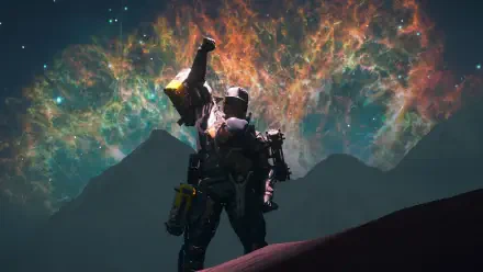 4K Ultra HD PC wallpaper of a character from Death Stranding 2 standing on a beach with a vibrant, cosmic sky backdrop.