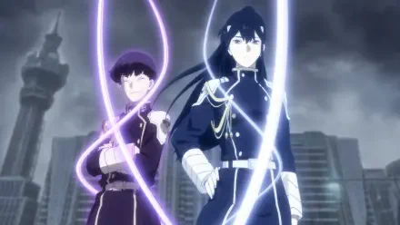 HD PC desktop wallpaper featuring Mina Ashiro and Soushirou Hoshina from the anime Kaiju No. 8, set against a dark, stormy cityscape background.