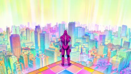 HD PC wallpaper featuring Kafka Hibino from the anime Kaiju No. 8 standing on a rooftop overlooking a vibrant, pastel-colored futuristic cityscape.