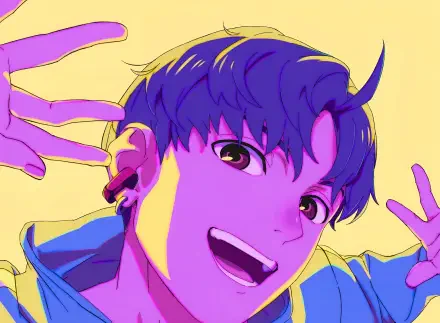 Anime HD desktop wallpaper featuring Jin Enjouji from Dandadan with vibrant purple and yellow hues.