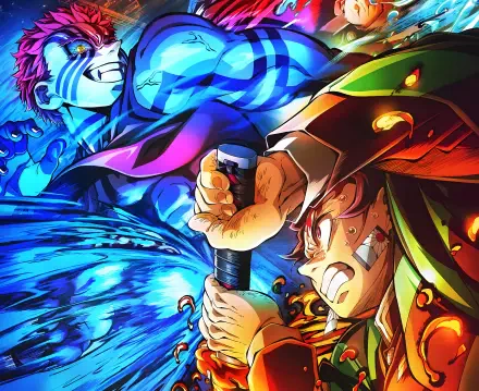 Vibrant 4K Ultra HD anime wallpaper featuring Tanjiro Kamado and Akaza from Demon Slayer: Kimetsu no Yaiba - The Movie: Infinity Castle in intense battle.