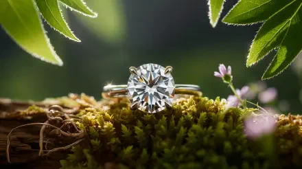 Close-up of a sparkling diamond ring resting on moss with soft green foliage in the background, captured in stunning 4K Ultra HD for PC desktop wallpaper.
