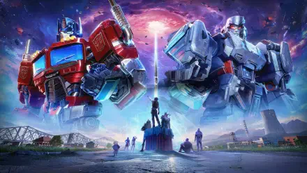 Vibrant 4K Ultra HD Transformers wallpaper featuring towering Optimus Prime and Megatron facing off over a futuristic battlefield with a glowing sky backdrop.