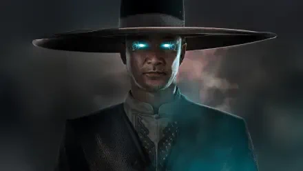 4K Ultra HD PC desktop wallpaper featuring a dark, mysterious character with glowing blue eyes, from Mortal Kombat 2 (2025).