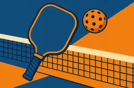 4K Ultra HD desktop wallpaper featuring a vibrant pickleball paddle and perforated ball over a net with bold blue and orange geometric background.