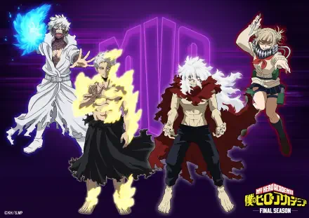 HD anime desktop wallpaper featuring My Hero Academia villains Tomura Shigaraki, All For One, and Himiko Toga against a glowing purple background.