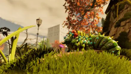 4K Ultra HD PC desktop wallpaper from the video game Grounded 2, featuring a detailed, colorful caterpillar on grass with autumn foliage and a blurred background.