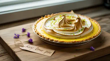 A vibrant key lime pie with toasted meringue topping, garnished with lime zest, displayed on a wooden board by a window; 4K Ultra HD PC desktop wallpaper and background.
