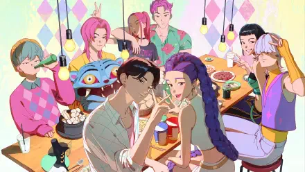 A vibrant 4K Ultra HD PC desktop wallpaper featuring KPop Demon Hunters enjoying a lively gathering around a table with snacks and drinks.