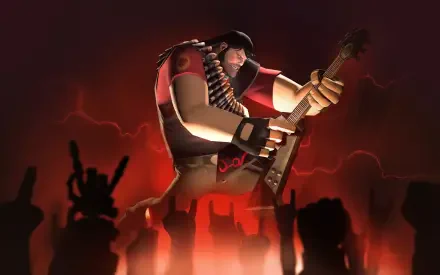 HD desktop wallpaper featuring Heavy from Team Fortress 2 playing an electric guitar on stage with a cheering crowd silhouette against a red, smoky background.