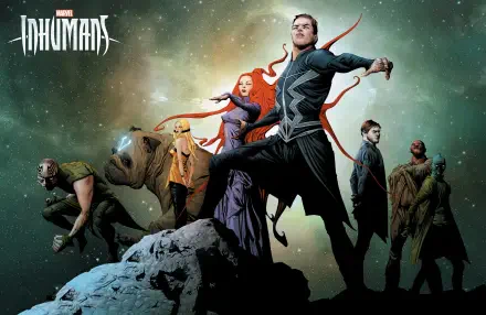 4K Ultra HD PC desktop wallpaper featuring the Marvel Comics Inhumans lineup in dynamic poses against a cosmic backdrop.