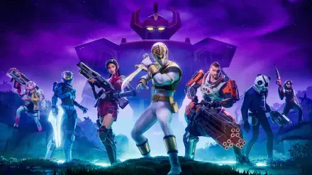 HD PC desktop wallpaper featuring a group of Fortnite characters ready for battle against a vibrant purple night sky background.