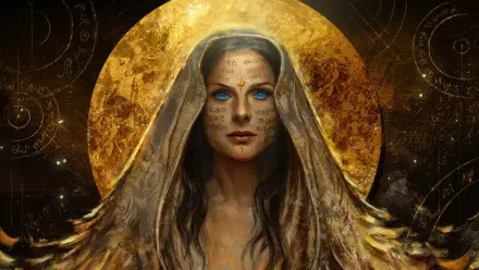 Dune: Part Two 4K Ultra HD PC desktop wallpaper featuring a mystical woman with glowing blue eyes and intricate markings, set against a golden celestial backdrop.