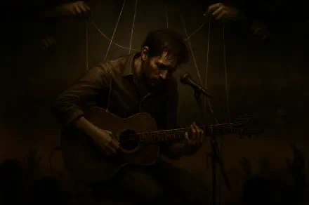 4K Ultra HD PC desktop wallpaper: a lone musician performing with an acoustic guitar under a moody spotlight, shadowy hands above like puppet strings, cinematic and intimate stage atmosphere.