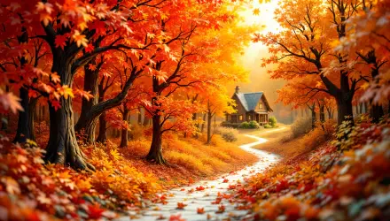 4K Ultra HD PC desktop wallpaper: sunlit path showcasing fall colors, winding through vibrant orange and red trees toward a cozy cabin, forest floor carpeted in fallen leaves.