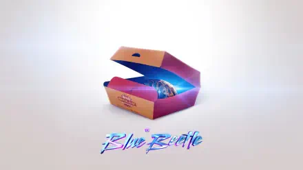 4K Ultra HD PC desktop wallpaper of Blue Beetle: a neon pink-and-orange open box reveals a glowing blue orb, with stylized Blue Beetle script on a soft white gradient background.