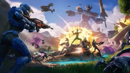 Fortnite Battle Royale 4K Ultra HD PC desktop wallpaper and background: dynamic island battlefield with armed characters, explosions, flying vehicles and a towering mech under a vivid sky.
